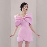 夏季新款性感一字肩a字裙優雅風網紗拼接蝴蝶結粉魚骨收腰連身裙 夏季新款性感一字肩a字裙優雅風網紗拼接蝴蝶結粉魚骨收腰連身裙