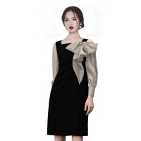 蝴蝶結年禮服2023早秋新款歐根紗方領輕奢宴會主持人連身裙女