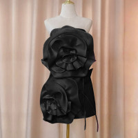 法式高級立體花朵抹胸連身裙女設計感收腰綁帶無袖短裙