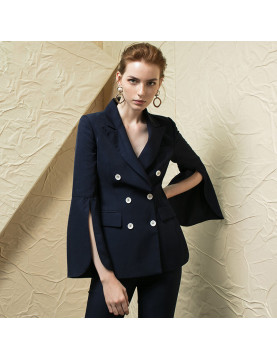 春秋新款時尚喇叭袖西裝外套女士設計感職業裝雙排扣修身正裝套裝