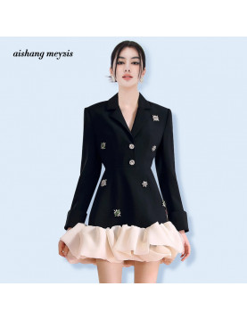 設計感西裝春秋釘鑽氣質優雅不規則歐根紗拼接年會禮服洋裝