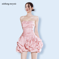 越南小眾設計感禮服裙女夏收腰褶皺花苞裙名媛性感抹胸粉色連身裙