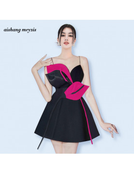 高端輕奢女裝撞色氣質名媛立體花朵小眾設計吊帶短裙日常聚會禮服