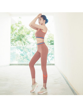 春夏健身房運動套裝女速乾無袖網紅瑜珈服性感露臍晨跑裝備胸墊-磚紅