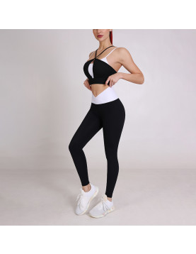 撞色瑜珈組三件式長袖上衣背心彈性提臀褲專業速乾健身服