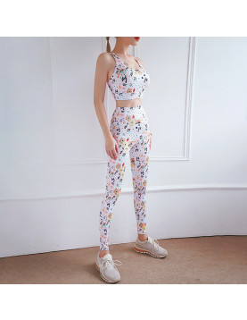 INS春夏款印花色運動健身瑜珈服交叉美背BRA高腰蜜桃提臀褲兩件套