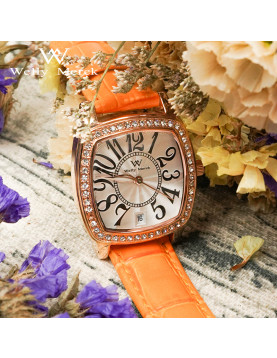 WellyMerck - 橙色皮革玫瑰金方形鑲鑽女錶
