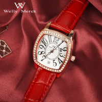 WellyMerck - 橙色皮革玫瑰金方形鑲鑽女錶 WellyMerck - 橙色皮革玫瑰金方形鑲鑽女錶