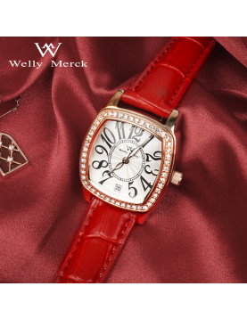 WellyMerck - 橙色皮革玫瑰金方形鑲鑽女錶