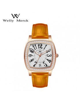 WellyMerck - 橙色皮革玫瑰金方形鑲鑽女錶