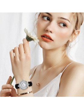 WellyMerck - 白色皮革鑲鑽圓形女士腕錶