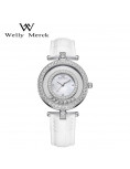 WellyMerck - 白色皮革鑲鑽圓形女士腕錶