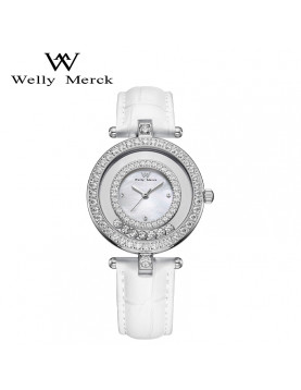 WellyMerck - 白色皮革鑲鑽圓形女士腕錶